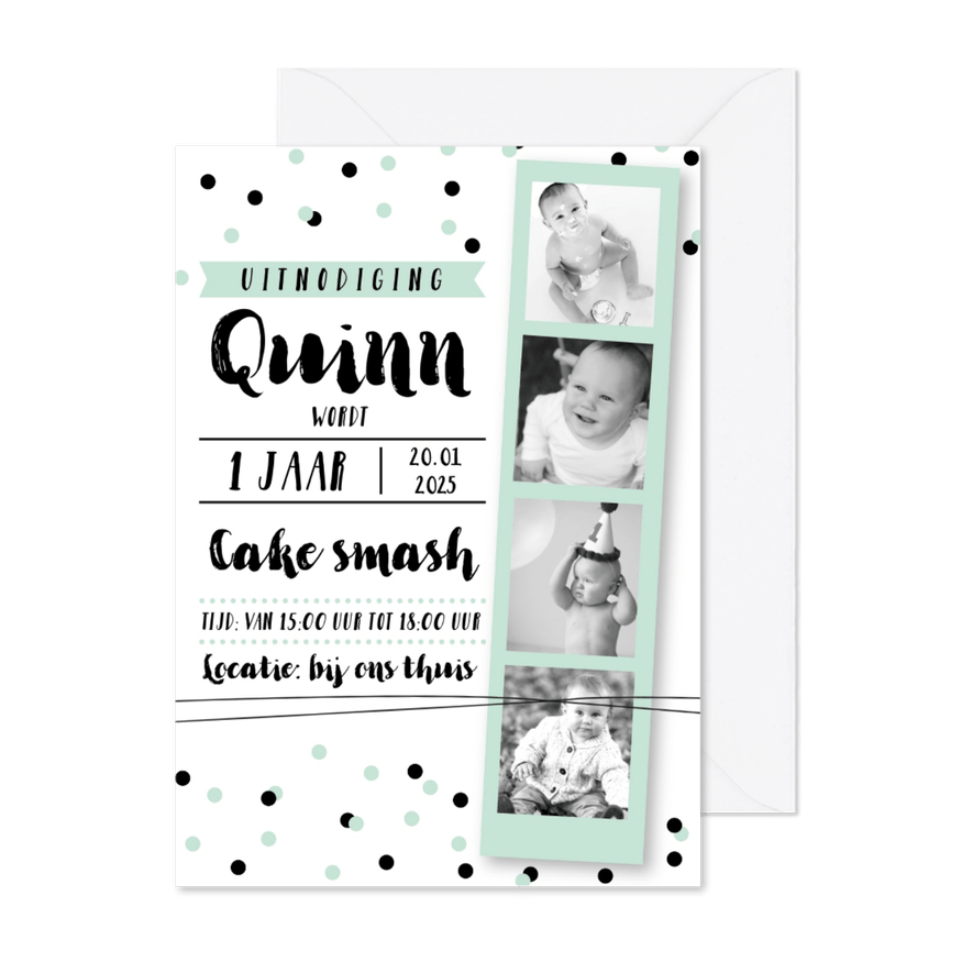 Kinderfeestje fotostrip cake smash mint  - Kaartimpressie