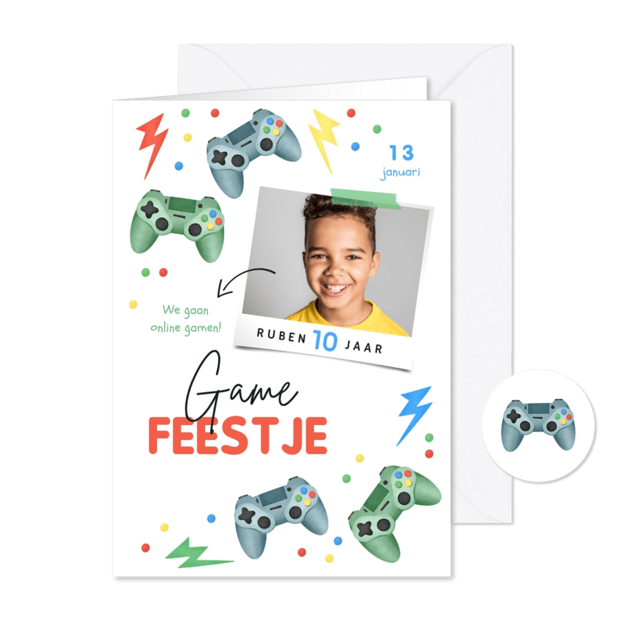Kinderfeestje gamen controller bliksem confetti foto - Kaartimpressie