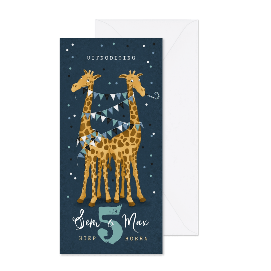Kinderfeestje giraf feest tweeling confetti slingers - Kaartimpressie