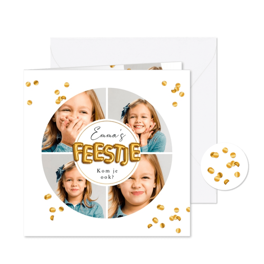 Kinderfeestje gouden confetti uitnodiging fotocollage feest - Kaartimpressie