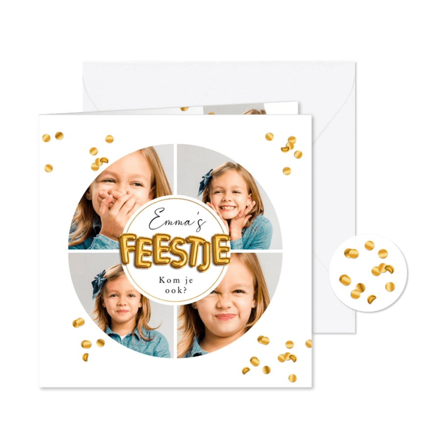Kinderfeestje gouden confetti uitnodiging fotocollage feest - Kaartimpressie