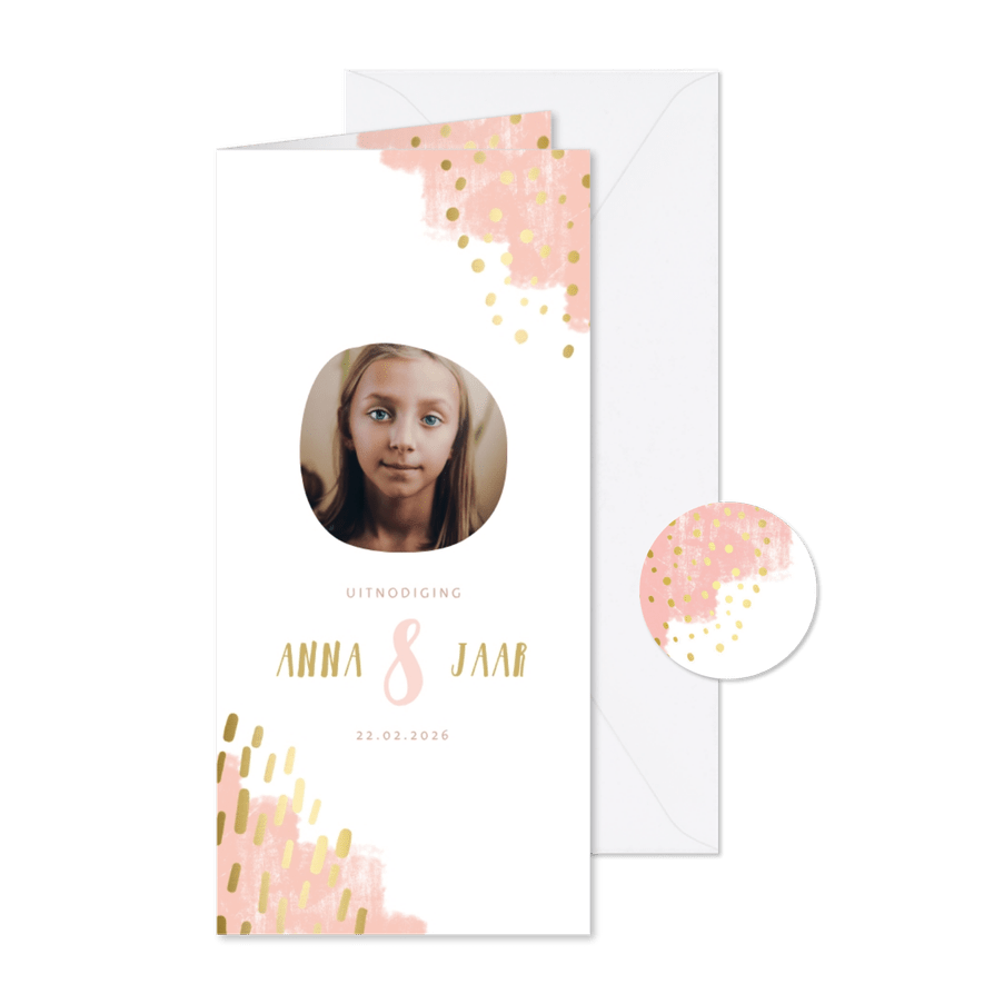 Kinderfeestje goudlook verfstrepen aanpasbaar met foto - Kaartimpressie