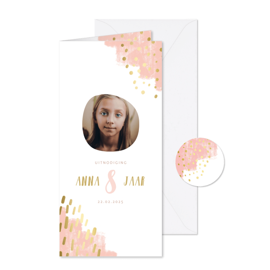 Kinderfeestje goudlook verfstrepen aanpasbaar met foto - Kaartimpressie