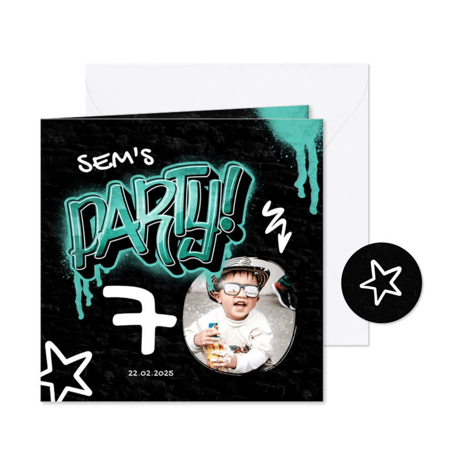 Kinderfeestje graffiti party met foto - Kaartimpressie