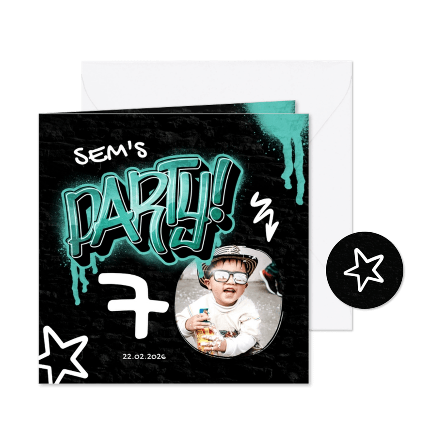 Kinderfeestje graffiti party met foto - Kaartimpressie