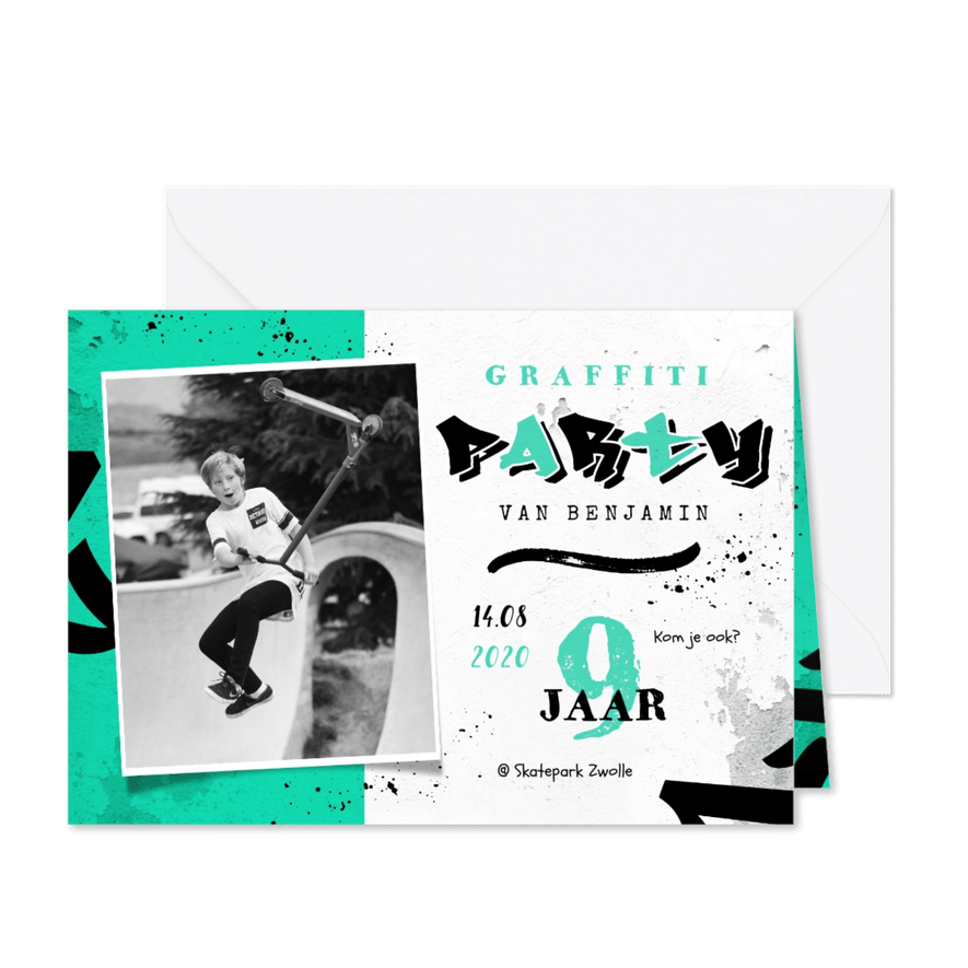 Kinderfeestje graffiti uitnodiging creatief stoer spetters - Kaartimpressie