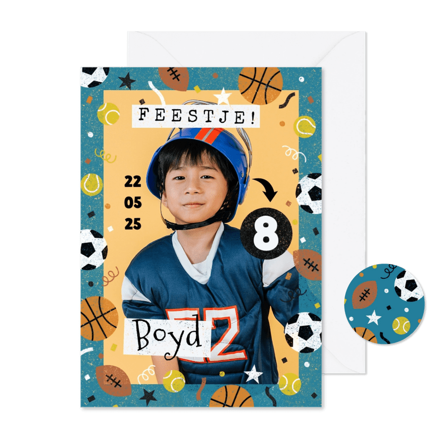 Kinderfeestje grote foto met sportkader - Kaartimpressie