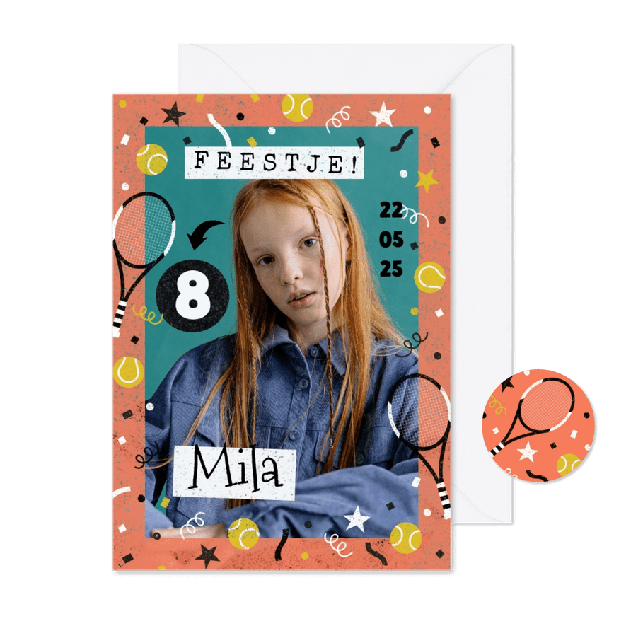 Kinderfeestje grote foto met tenniskader - Kaartimpressie