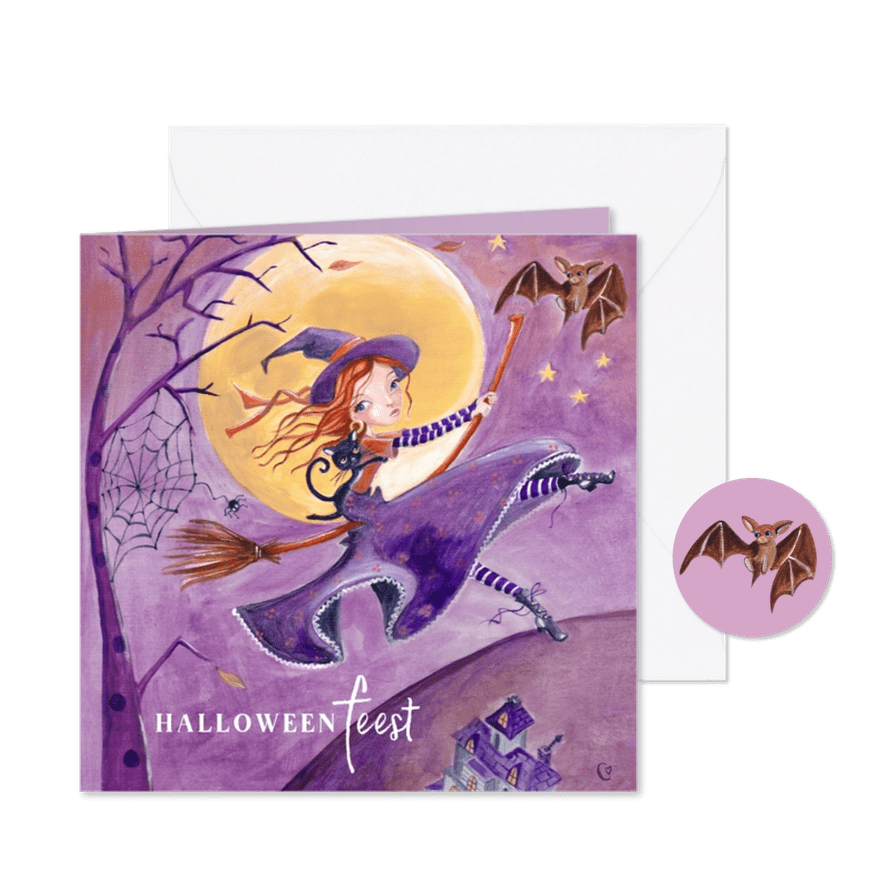 Kinderfeestje halloween verkleedfeestje heks en maan - Kaartimpressie