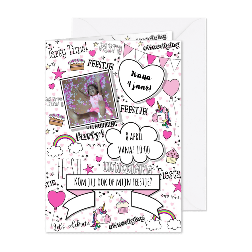 Kinderfeestje handlettering hartjes en unicorn - Kaartimpressie