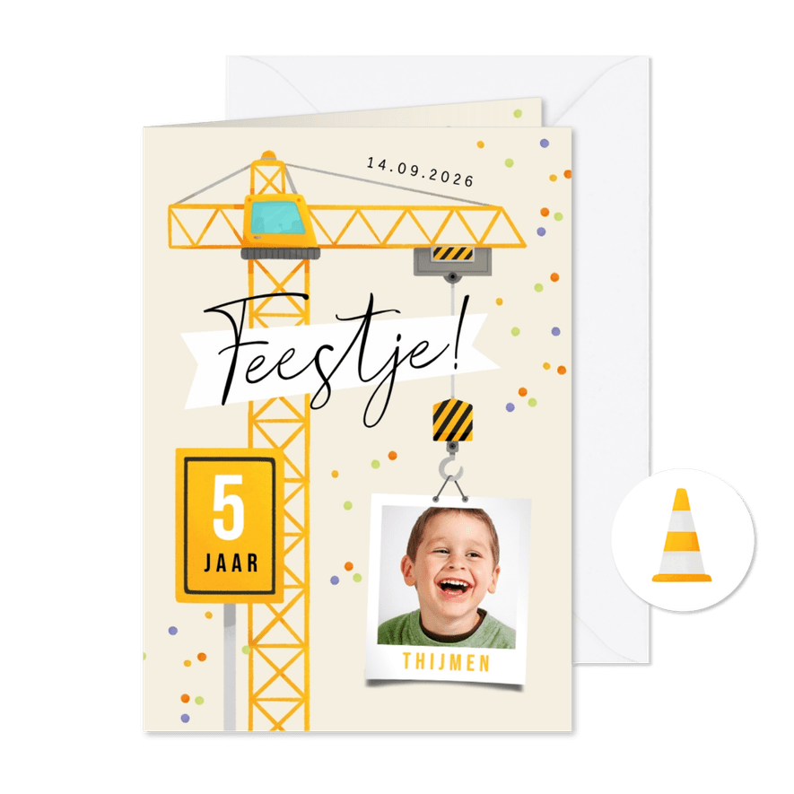 Kinderfeestje hijskraan uitnodiging bouw voertuigen feestje - Kaartimpressie
