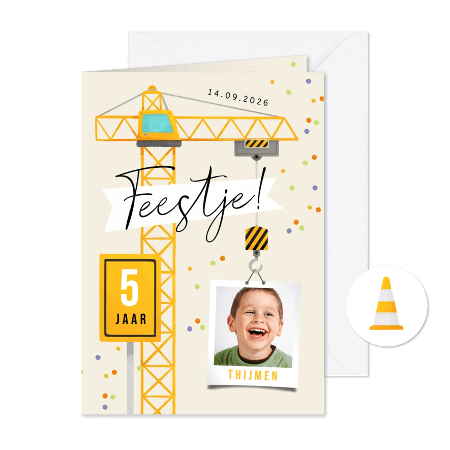 Kinderfeestje hijskraan uitnodiging bouw voertuigen feestje - Kaartimpressie