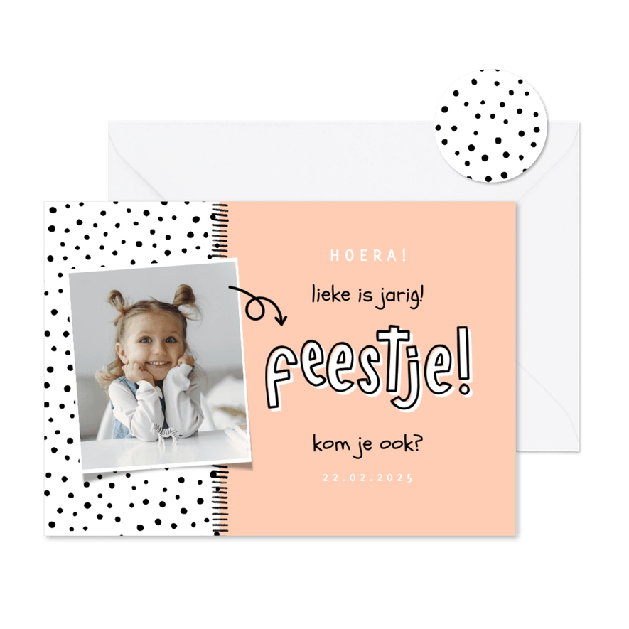 Kinderfeestje hip met foto en aanpasbare kleur - Kaartimpressie