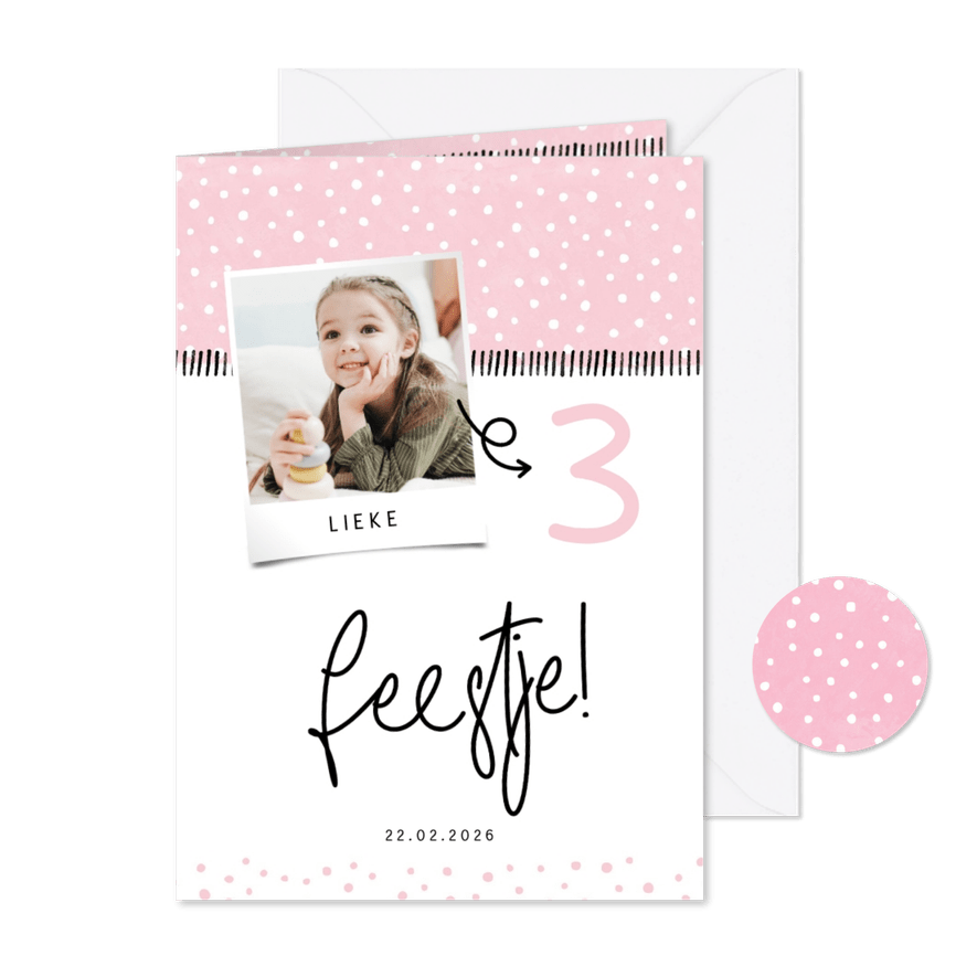 Kinderfeestje hip met foto en confetti aanpasbaar - Kaartimpressie