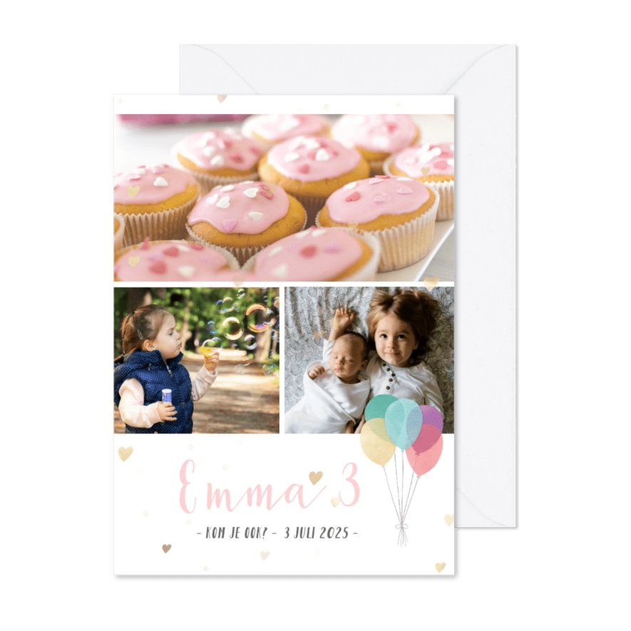 Kinderfeestje hippe fotocollage met gouden hartjes - Kaartimpressie