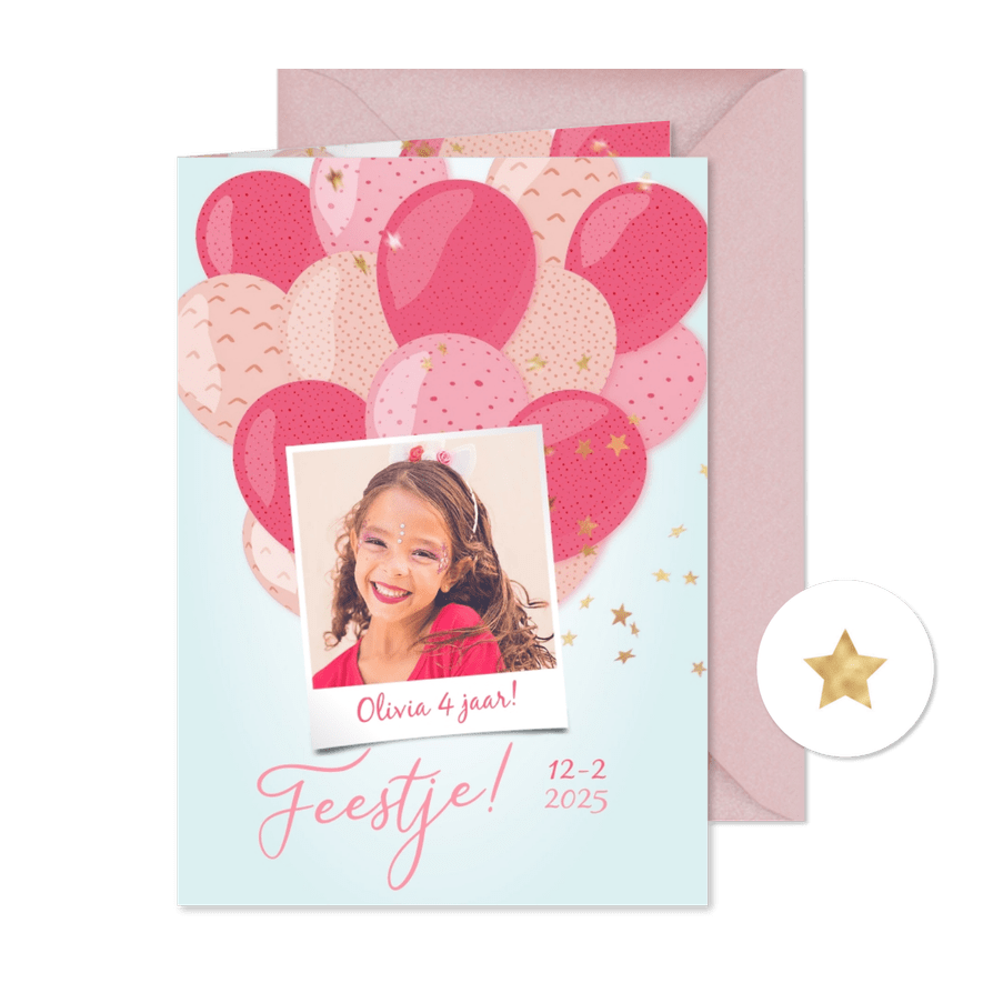 Kinderfeestje hippe roze ballonnen met gouden sterconfetti - Kaartimpressie