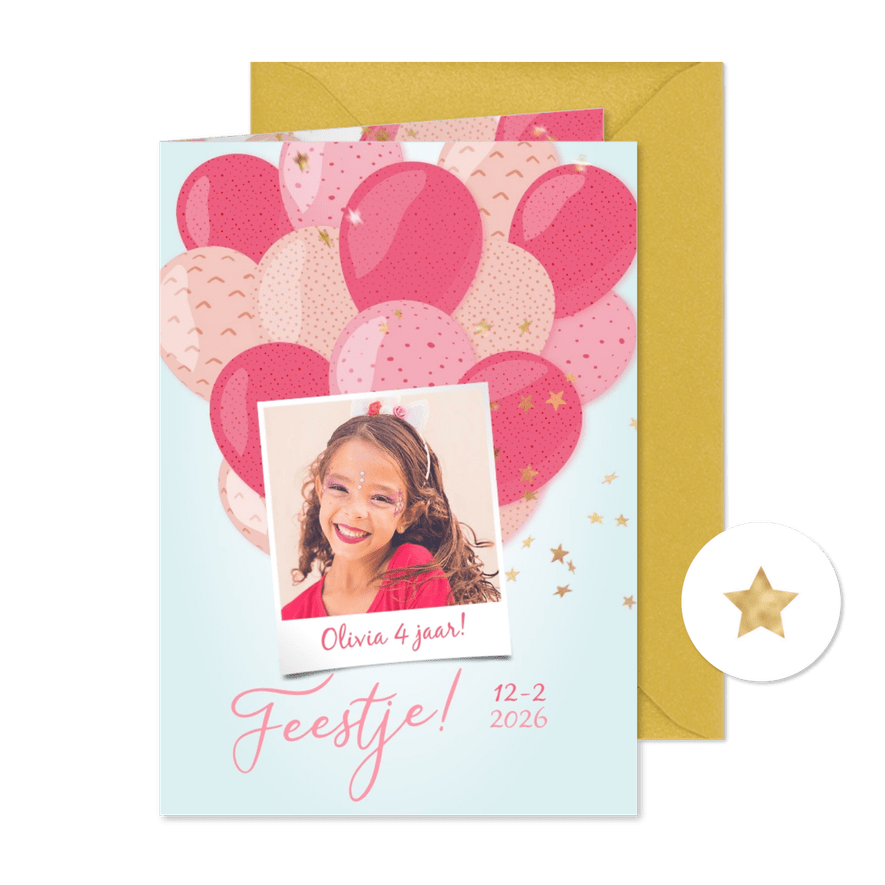 Kinderfeestje hippe roze ballonnen met gouden sterconfetti - Kaartimpressie