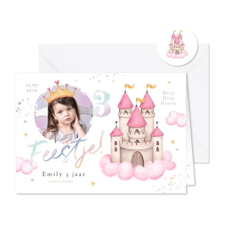 Kinderfeestje holografisch prinsessen kasteel foto sterren - Kaartimpressie