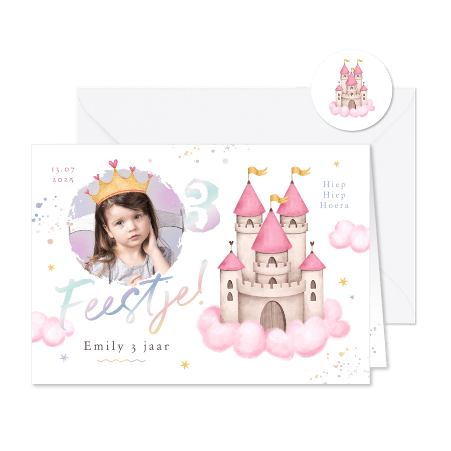 Kinderfeestje holografisch prinsessen kasteel foto sterren - Kaartimpressie