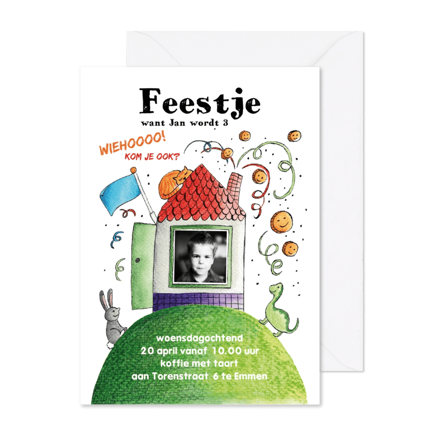 Kinderfeestje huisje met foto van je eigen kind - Kaartimpressie