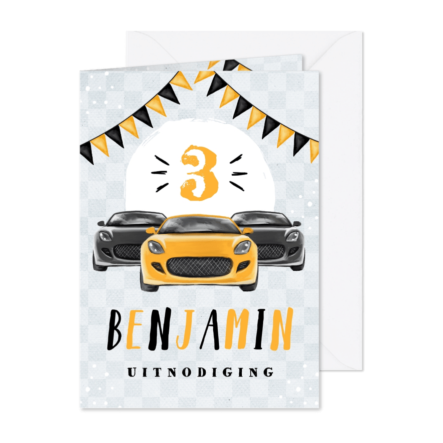 Kinderfeestje jongen auto's racen vlaggen - Kaartimpressie