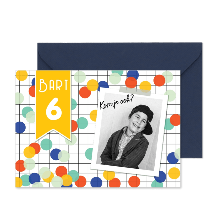 Kinderfeestje jongen confetti fotokaart - Kaartimpressie