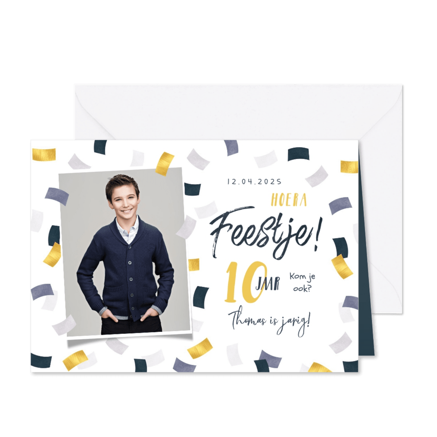 Kinderfeestje jongen confetti goud blauw foto feest - Kaartimpressie