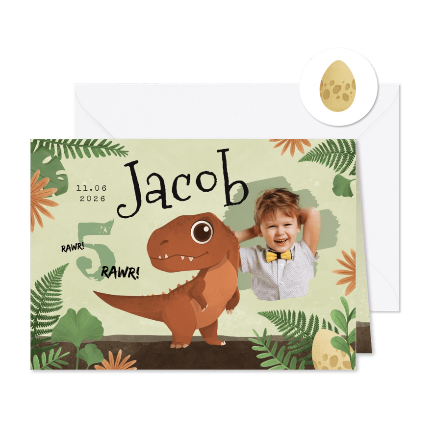Kinderfeestje jongen dino T-rex ei foto Jurassic jungle - Kaartimpressie
