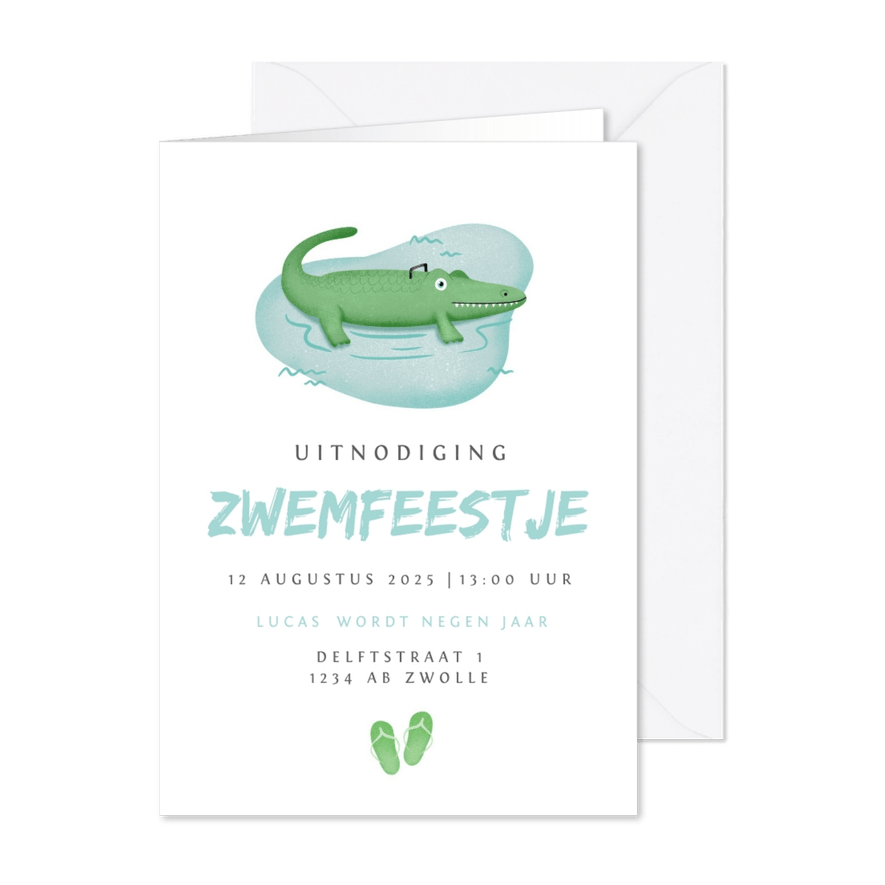 Kinderfeestje jongen zwemfeestje krokodil zomer - Kaartimpressie