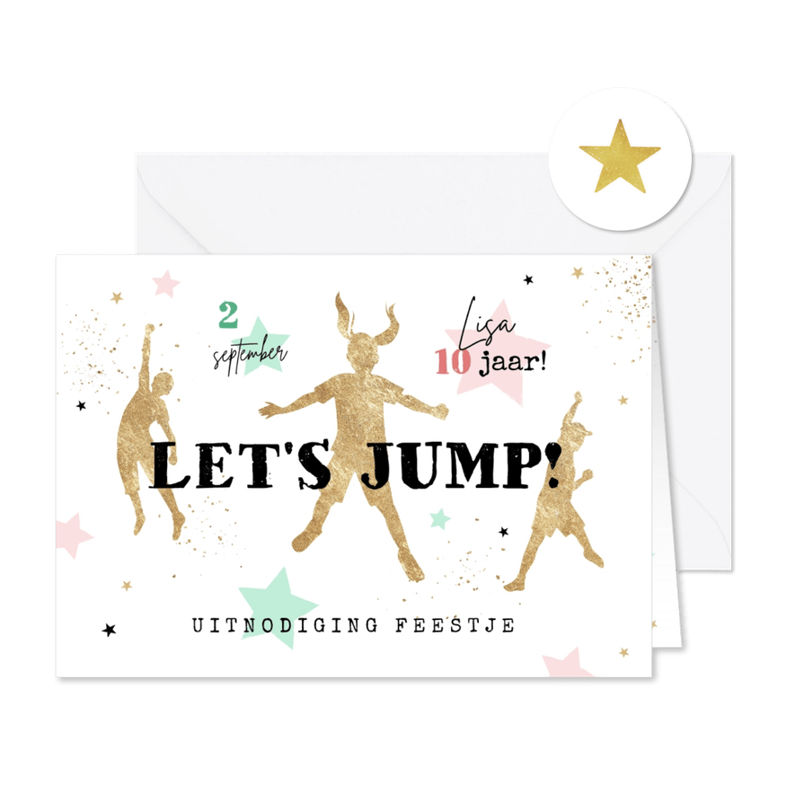 Kinderfeestje jump party trampoline sterren goud - Kaartimpressie