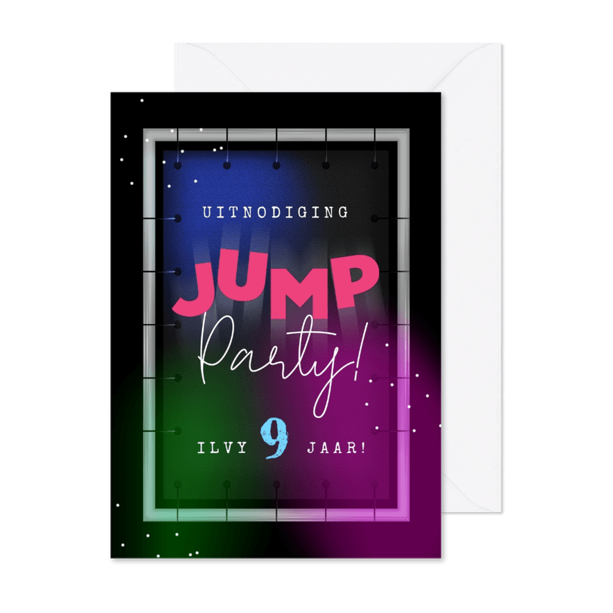 Kinderfeestje jump trampoline neon feestje - Kaartimpressie