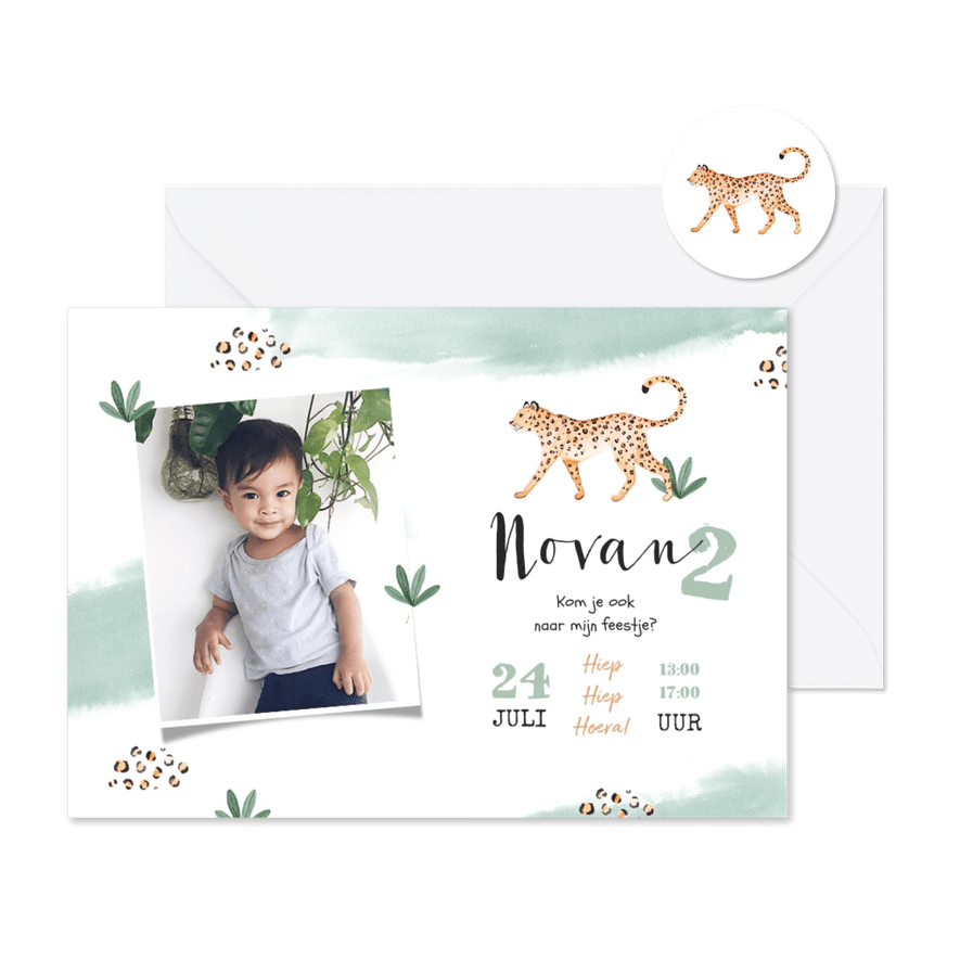 Kinderfeestje jungle luipaard waterverf lief foto - Kaartimpressie