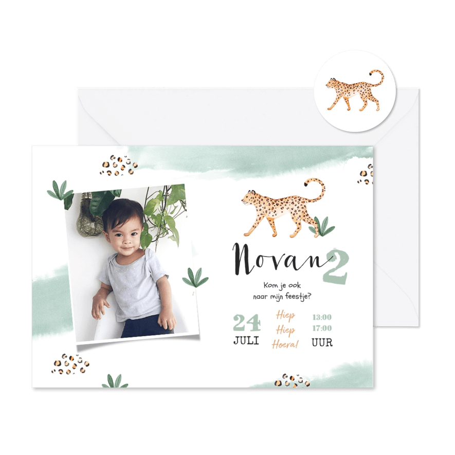 Kinderfeestje jungle luipaard waterverf lief foto - Kaartimpressie