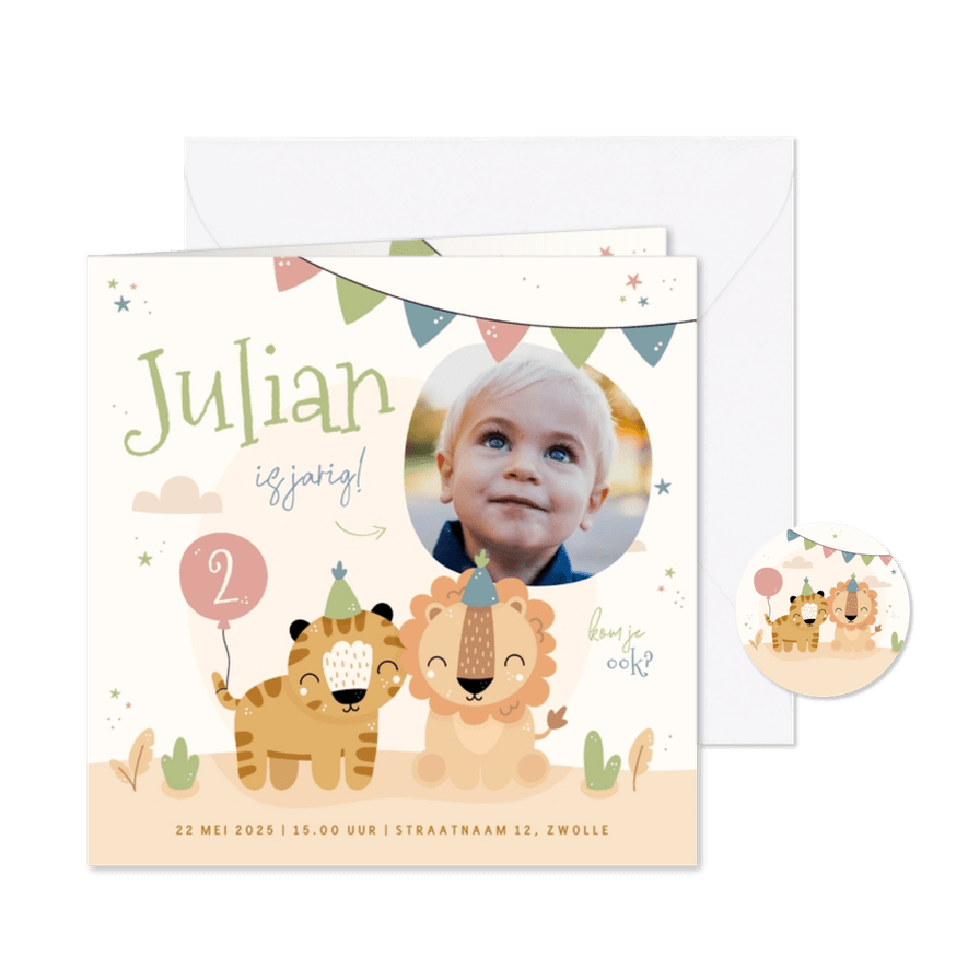 Kinderfeestje jungle met foto en feestende diertjes - Kaartimpressie
