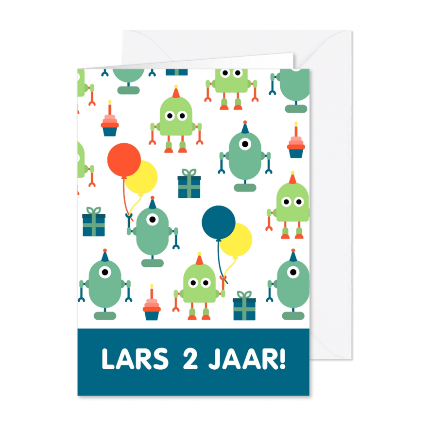 Kinderfeestje kaart met feestende robots - Kaartimpressie