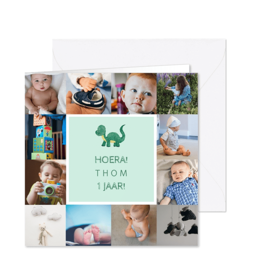 Kinderfeestje kaart met fotocollage en dino - Kaartimpressie