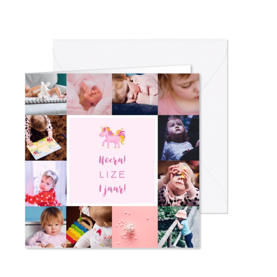 Kinderfeestje kaart met fotocollage en unicorn - Kaartimpressie