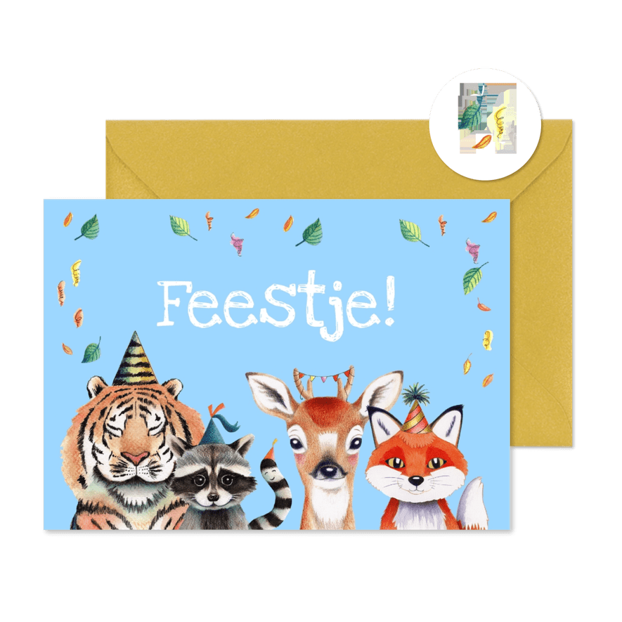 Kinderfeestje kaart met illustratie van feest beesten - Kaartimpressie