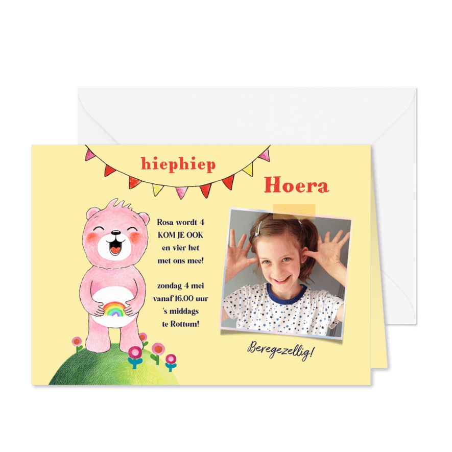 Kinderfeestje kaart met regenboog beertje - Kaartimpressie