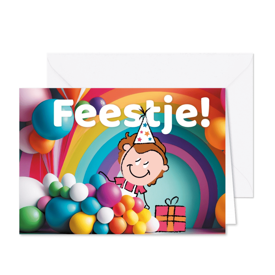 Kinderfeestje kleuren feesthoedje regenboog cadeautje - Kaartimpressie