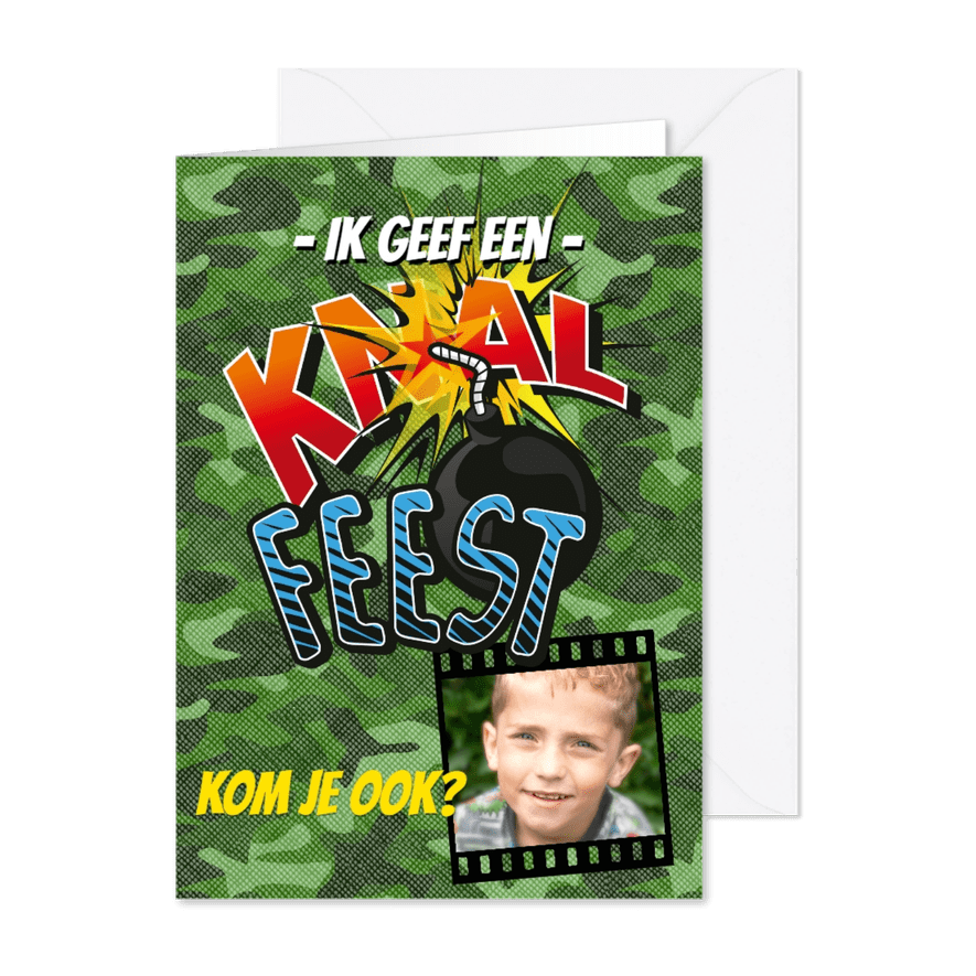 Kinderfeestje Knalfeest camouflage strip foto groen - Kaartimpressie