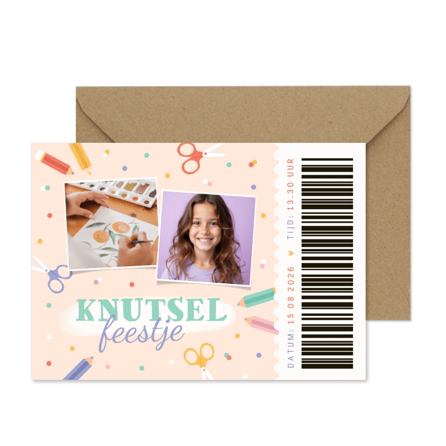 Kinderfeestje knutsel ticket schaar potloden confetti  - Kaartimpressie