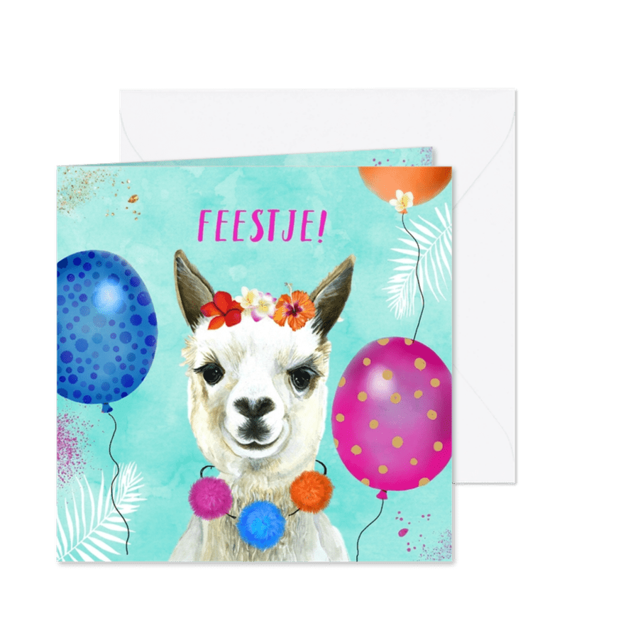 Kinderfeestje lama ballonnen - Kaartimpressie
