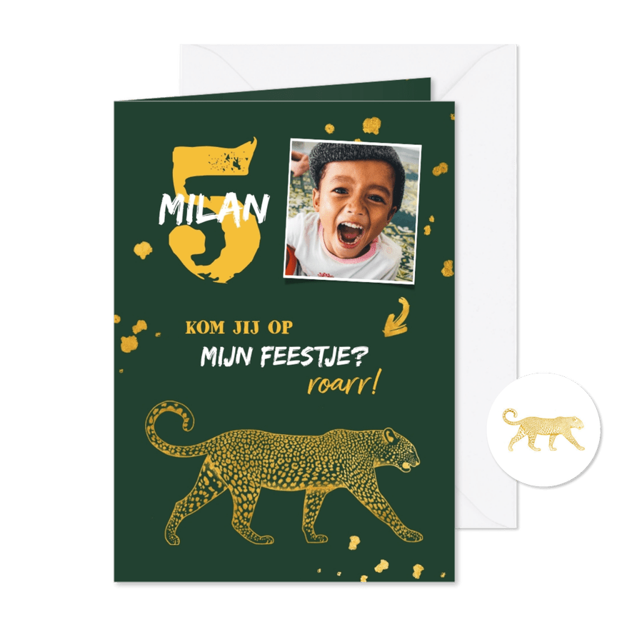 Kinderfeestje leopard goudlook met foto en spetters - Kaartimpressie