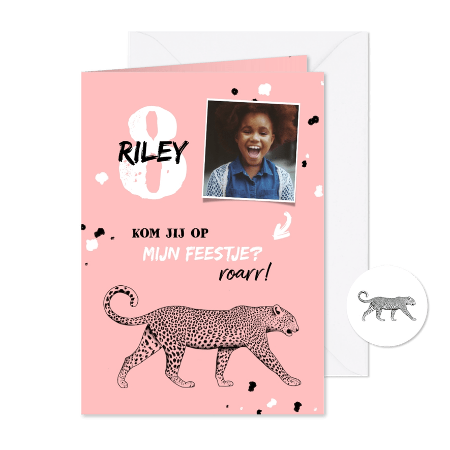 Kinderfeestje leopard zwart wit met foto en spetters - Kaartimpressie