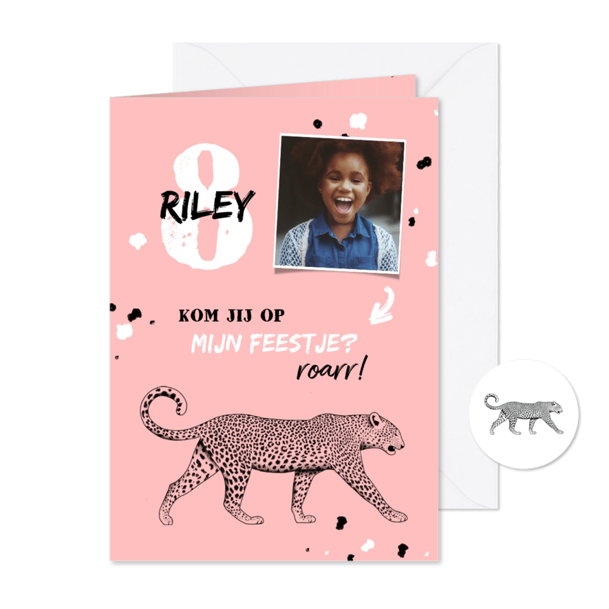 Kinderfeestje leopard zwart wit met foto en spetters - Kaartimpressie