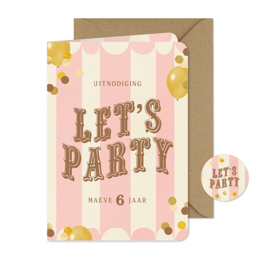 Kinderfeestje let's party ballon confetti circus roze goud - Kaartimpressie