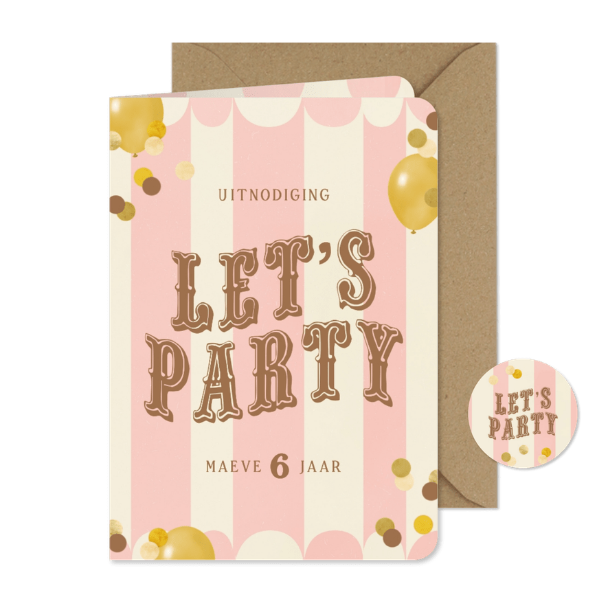 Kinderfeestje let's party ballon confetti circus roze goud - Kaartimpressie