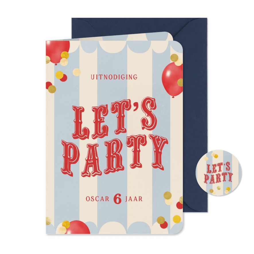Kinderfeestje let's party ballonnen confetti circus  - Kaartimpressie