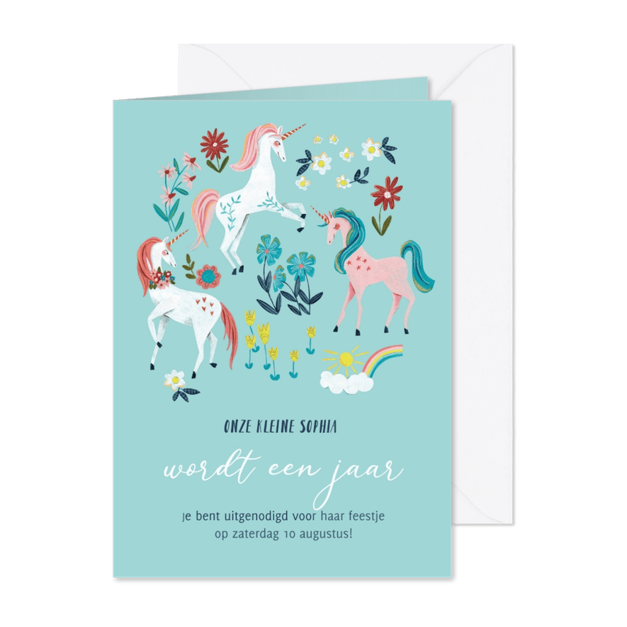 Kinderfeestje lieve eenhoorns met bloemen - Kaartimpressie